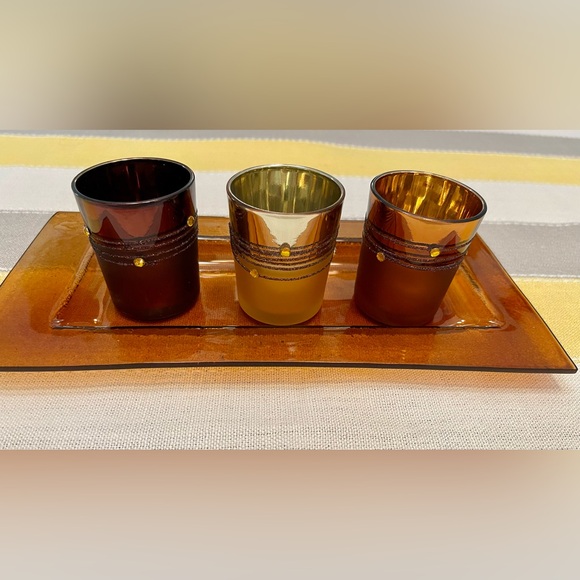 Elegant Decorative Votive Candle Holders - Set of 3 on Amber Crackle Glass Tray - Picture 7 of 14